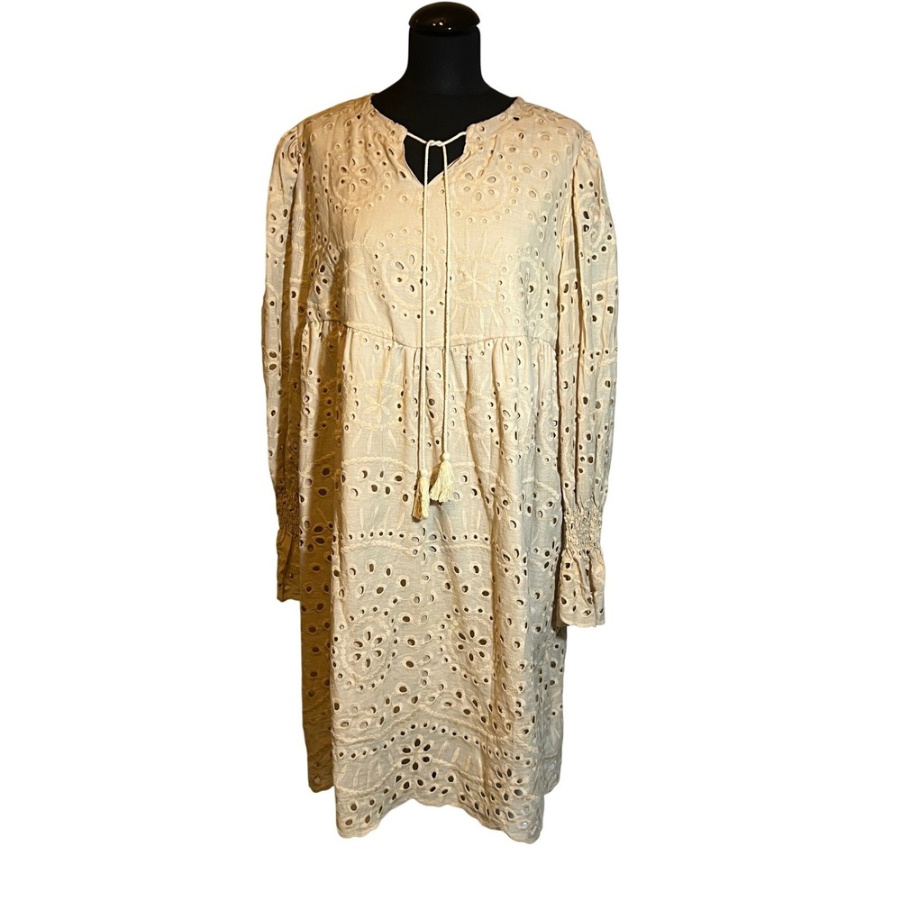 Boho‎ Beige Eyelet Embroidery Babydoll Dress Long Sleeve Smocked, Women's Large